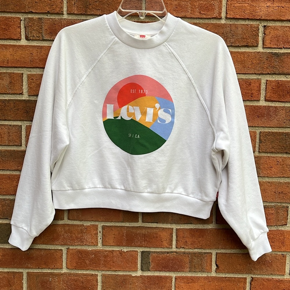 Levi’s White Vintage Logo Cropped Raglan Sweatshirt XS Geo Sunset